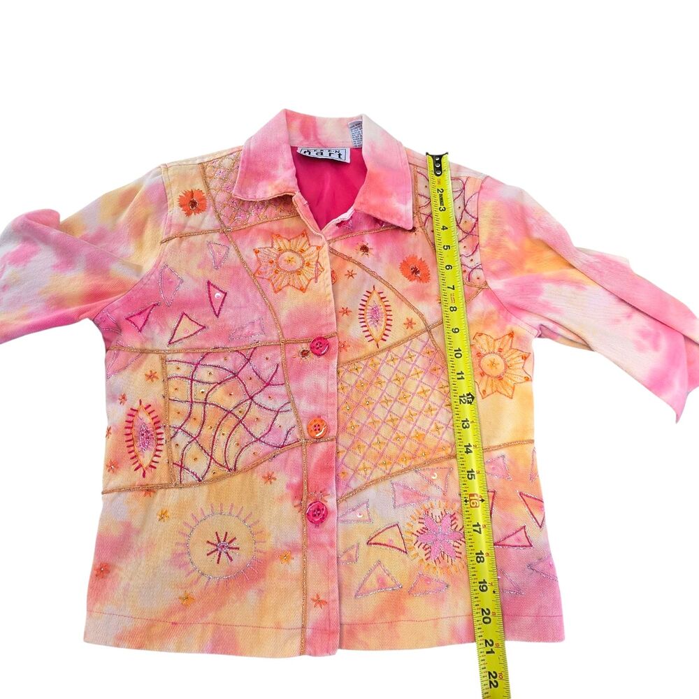 Keren Hart Denim Jacket Size S Pink Yellow Tie Dye Abstract Art Colorful Casual - Picture 4 of 9